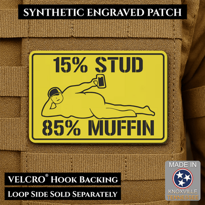 15% Stud 85% Muffin Funny Dad Bod Morale Patch, 2x3" | Made in USA | VELCRO® Brand Hook Backing - LoneStar Adhesive