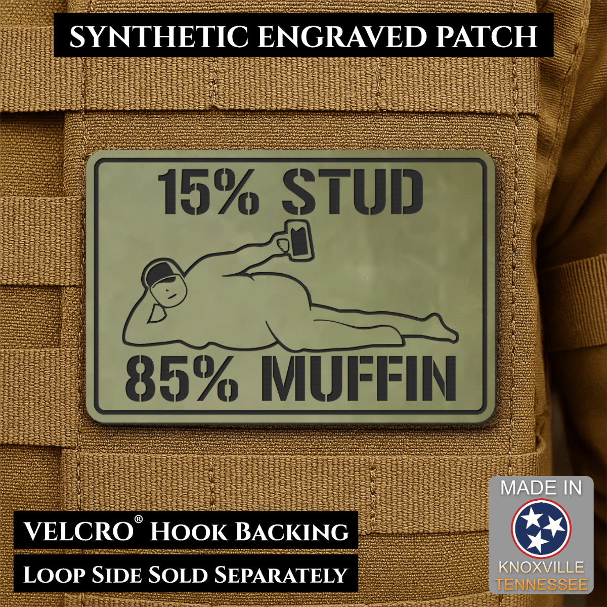 15% Stud 85% Muffin Funny Dad Bod Morale Patch, 2x3" | Made in USA | VELCRO® Brand Hook Backing - LoneStar Adhesive