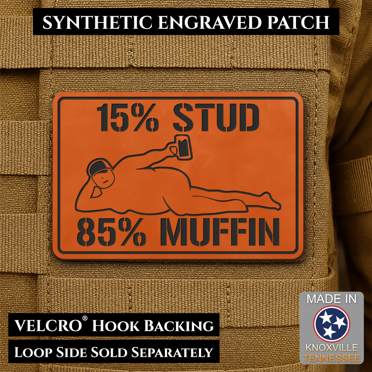 15% Stud 85% Muffin Funny Dad Bod Morale Patch, 2x3" | Made in USA | VELCRO® Brand Hook Backing - LoneStar Adhesive