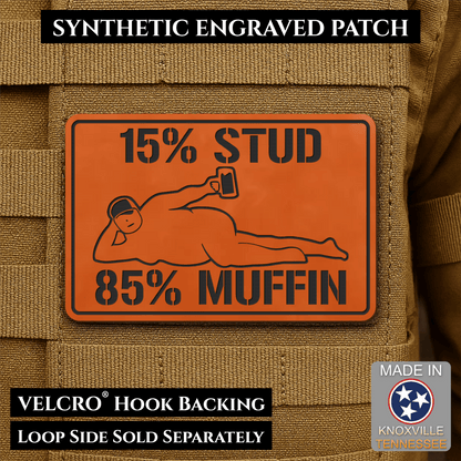 15% Stud 85% Muffin Funny Dad Bod Morale Patch, 2x3" | Made in USA | VELCRO® Brand Hook Backing - LoneStar Adhesive