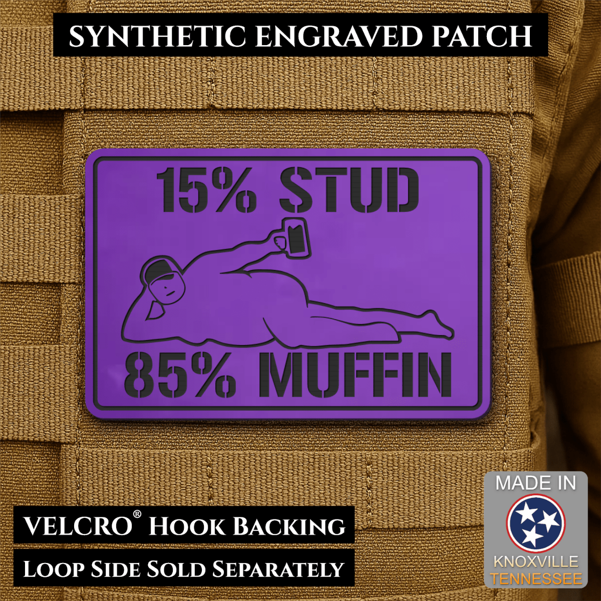 15% Stud 85% Muffin Funny Dad Bod Morale Patch, 2x3" | Made in USA | VELCRO® Brand Hook Backing - LoneStar Adhesive
