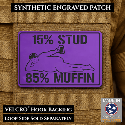 15% Stud 85% Muffin Funny Dad Bod Morale Patch, 2x3" | Made in USA | VELCRO® Brand Hook Backing - LoneStar Adhesive