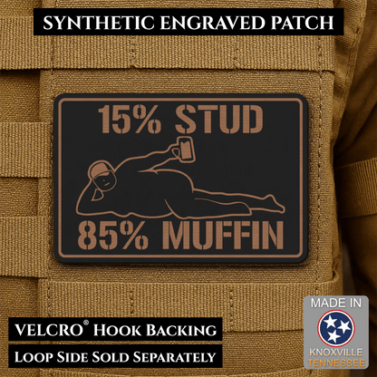 15% Stud 85% Muffin Funny Dad Bod Morale Patch, 2x3" | Made in USA | VELCRO® Brand Hook Backing - LoneStar Adhesive