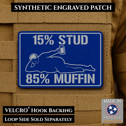 15% Stud 85% Muffin Funny Dad Bod Morale Patch, 2x3" | Made in USA | VELCRO® Brand Hook Backing - LoneStar Adhesive