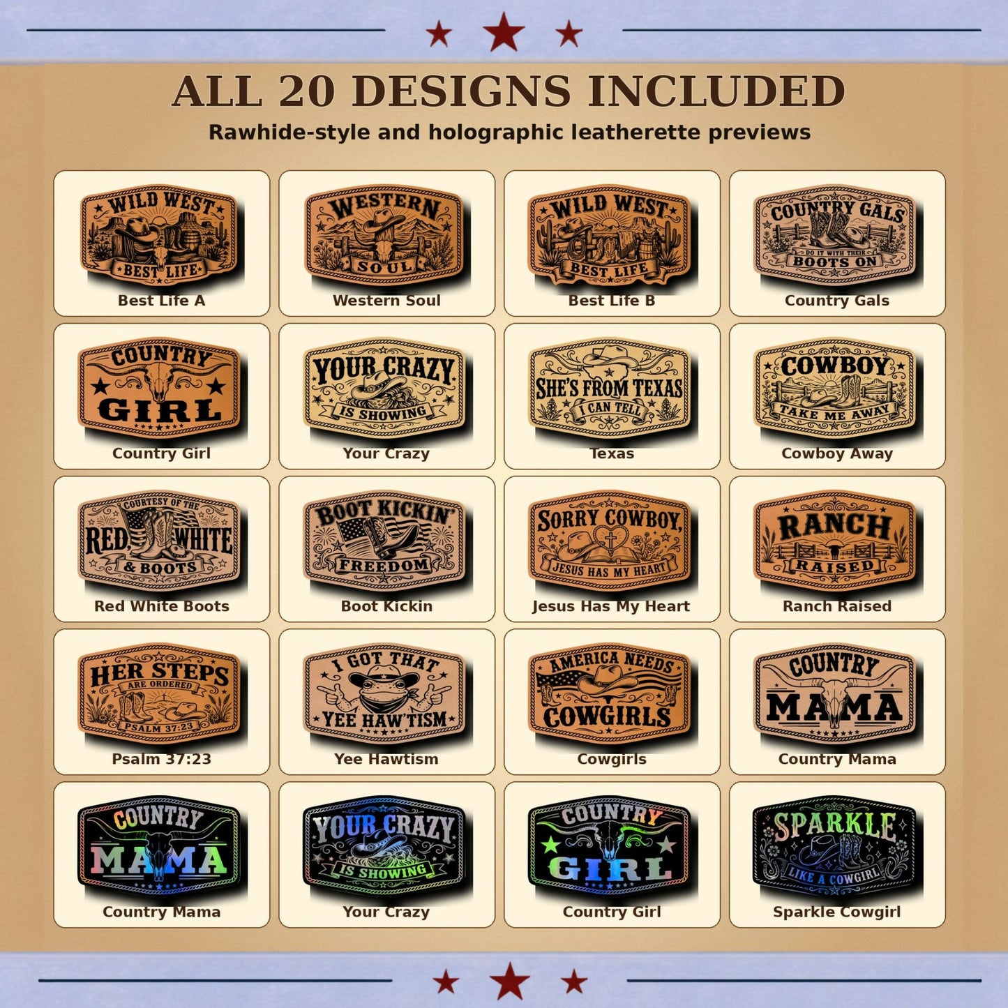 Cowgirl Country Hat Patch SVG Bundle with Holographic Leatherette Designs