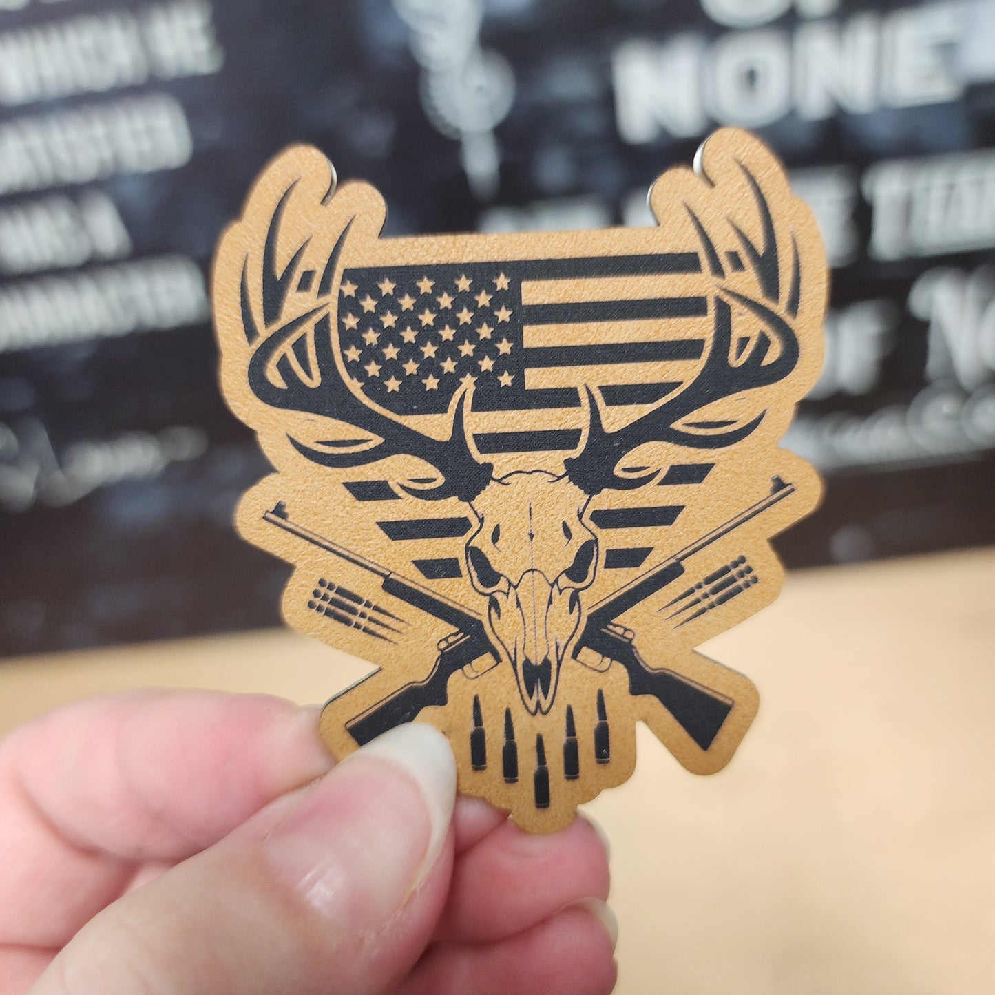 Patriotic Hunter's Skull Engraved Leatherette Hat Patch - MR01