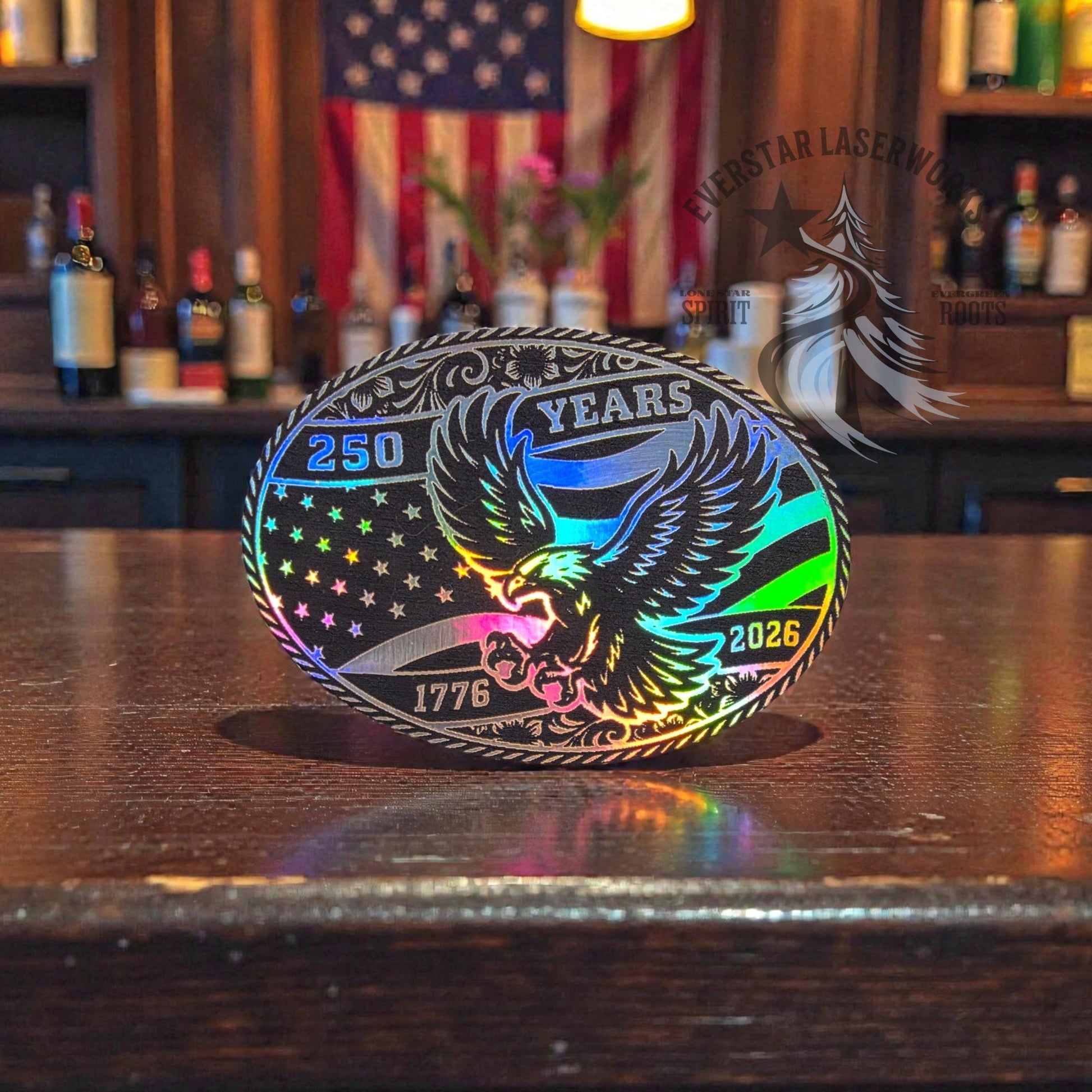 250 Years Holographic Freedom Eagle Buckle - Style Leather Patch - LoneStar Adhesive