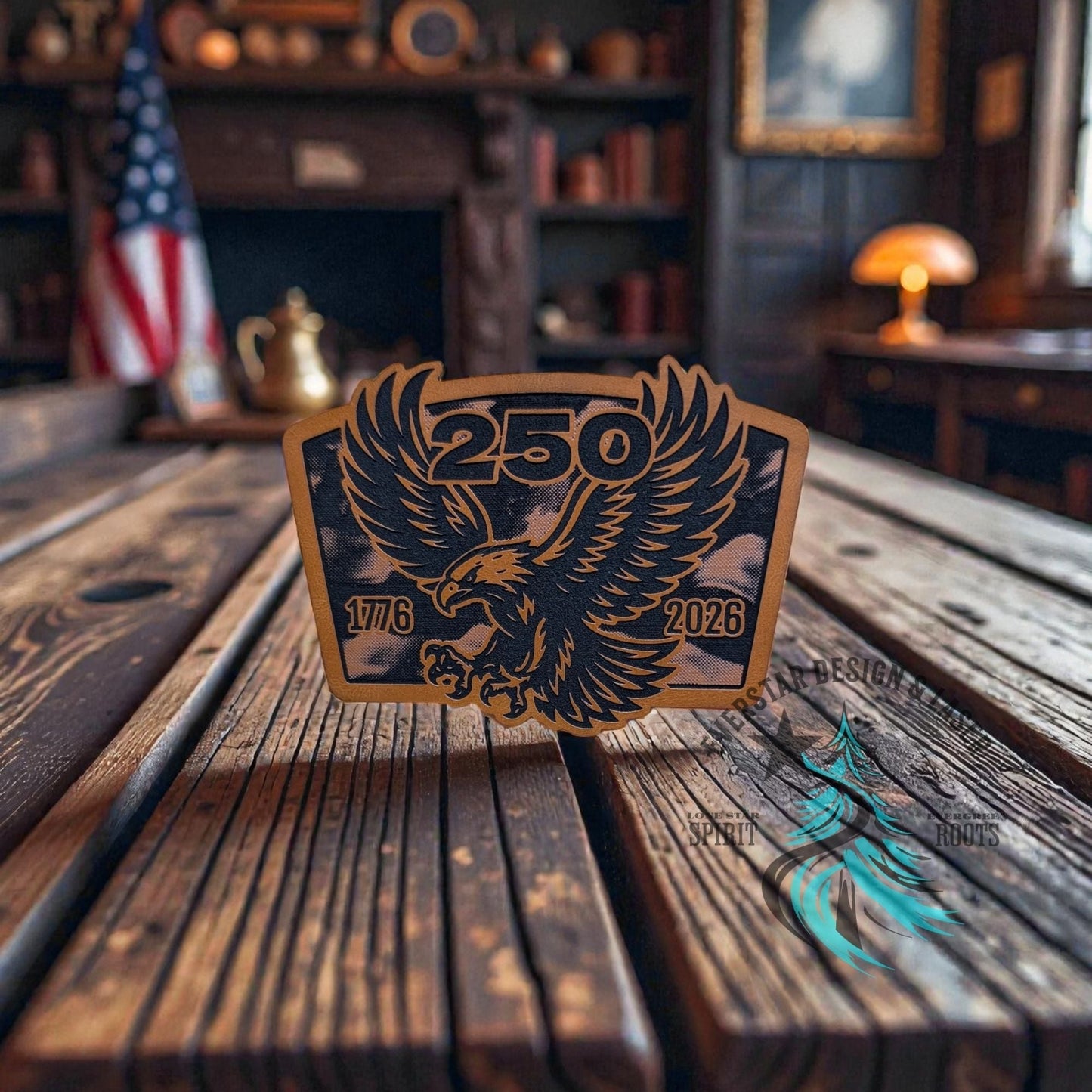 250 Years Waving Linen Flag Eagle Leather Patch - LoneStar Adhesive