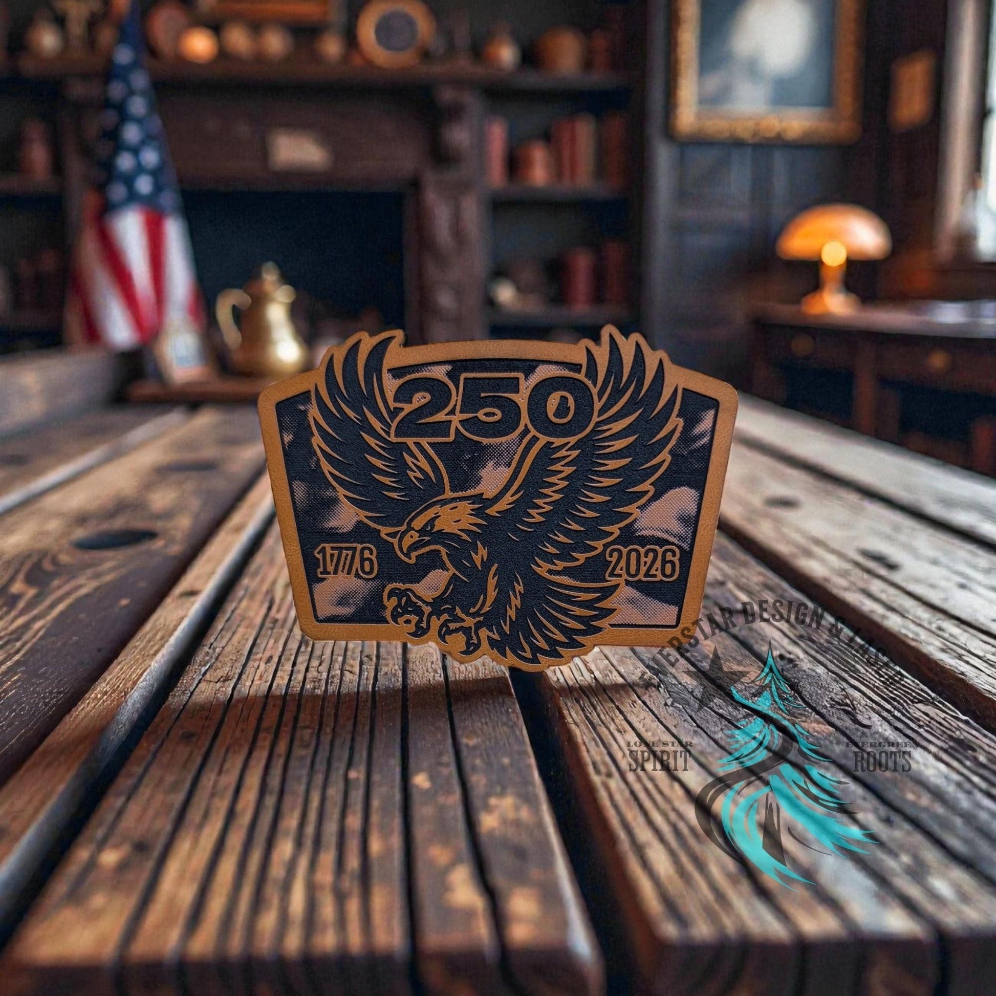 250 Years Waving Linen Flag Eagle Leather Patch - LoneStar Adhesive