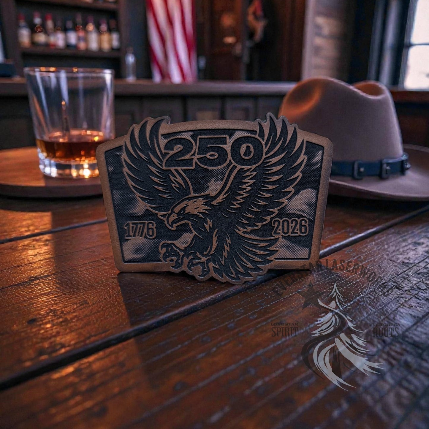 250 Years Waving Linen Flag Eagle Leather Patch - LoneStar Adhesive