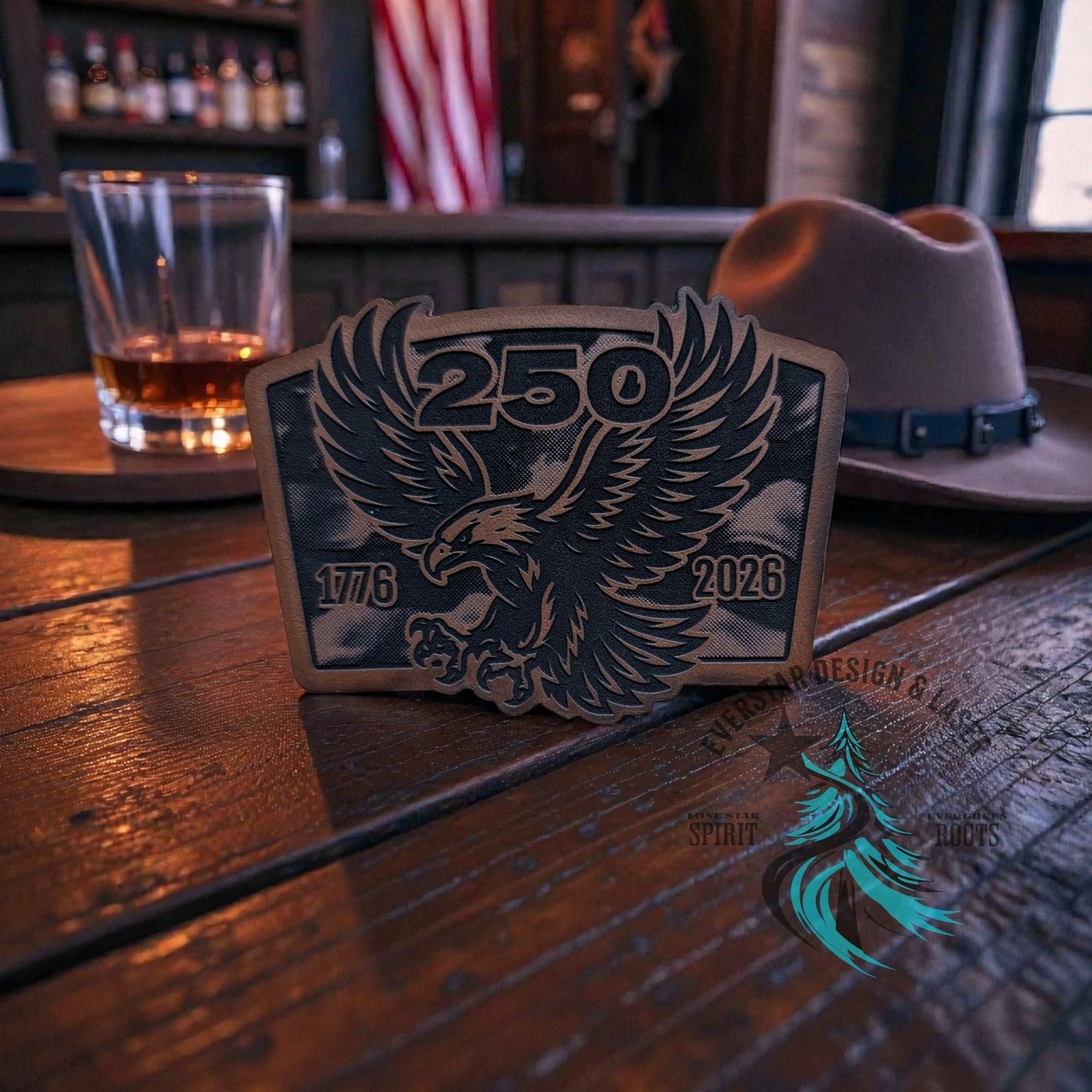 250 Years Waving Linen Flag Eagle Leather Patch - LoneStar Adhesive
