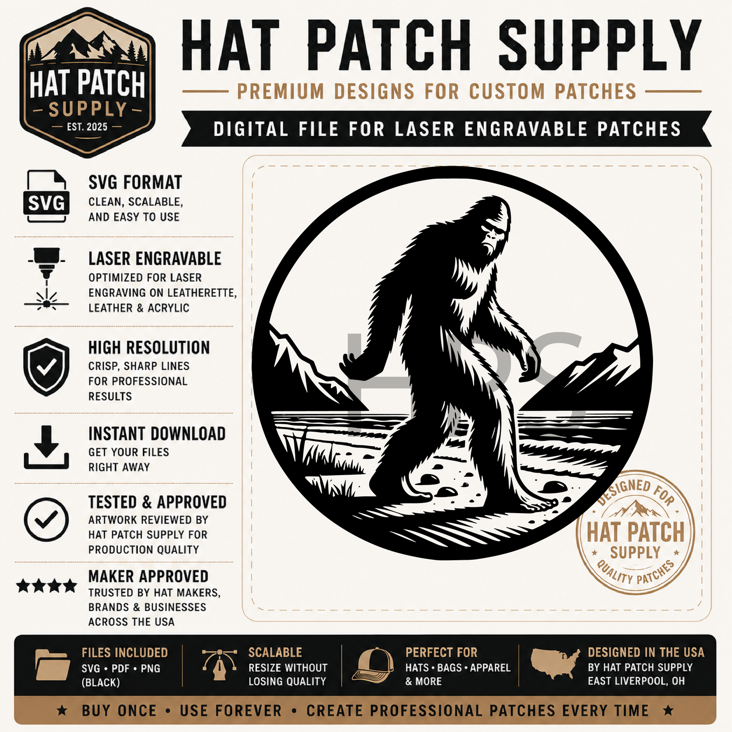 Bigfoot SVG Bundle Set 2 – Laser Ready Sasquatch Hat Patch Designs | Cowboys, Camping, Cooking & More