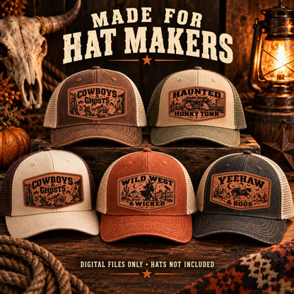 Western Halloween Hat Patch SVG Bundle, 8 Laser Engraving Designs, Cowboy Ghosts, Leatherette Patch Files, XS PNG PDF