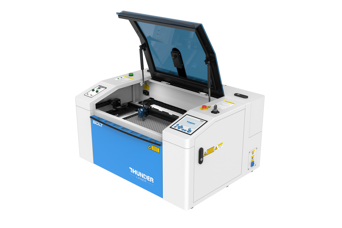 Thunder Bolt laser engraver with lid open, angled view