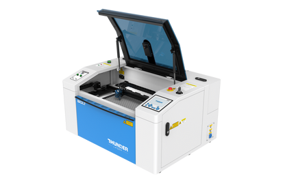 Thunder Bolt laser engraver with lid open, angled view
