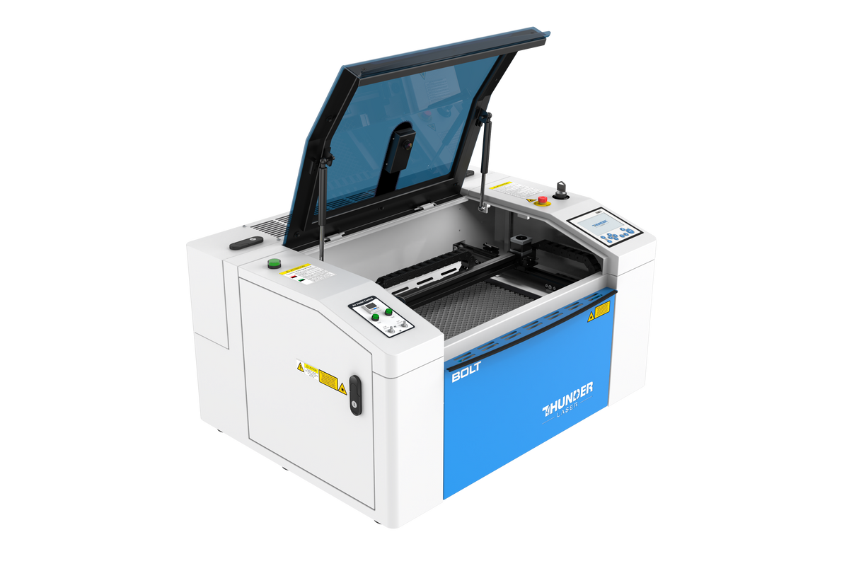 Thunder Bolt laser engraver with lid open, angled view