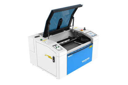 Thunder Bolt laser engraver with lid open, angled view