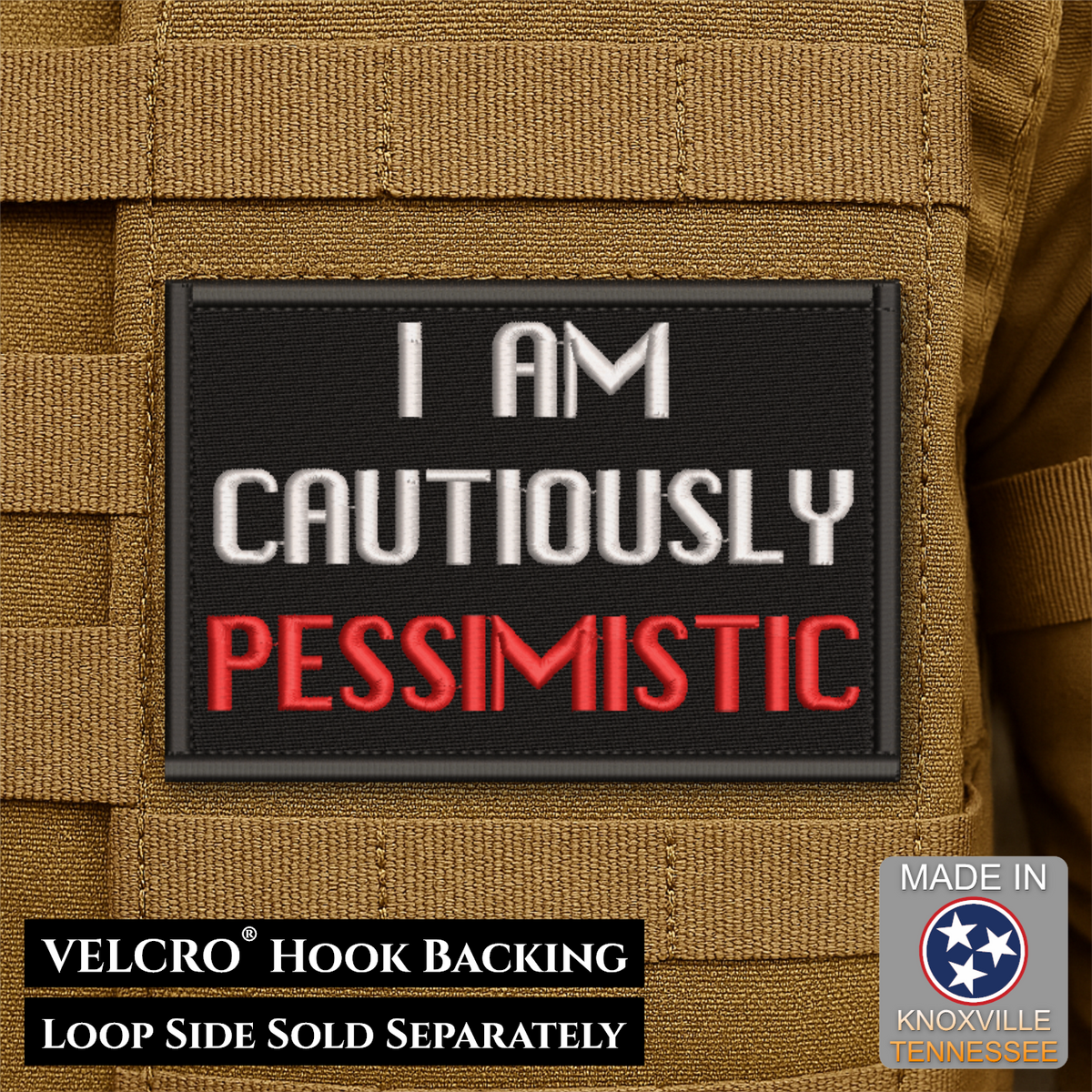 Cautiously Pessimistic Funny Morale Patch, 2x3" | Made in USA | VELCRO® Brand Hook Backing