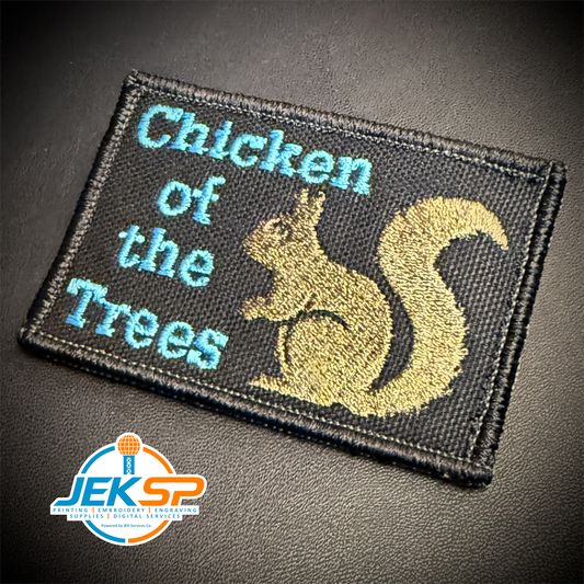 Squirrel, Chicken of the Trees Funny Morale Patch, 2x3" | Made in USA | VELCRO® Brand Hook Backing