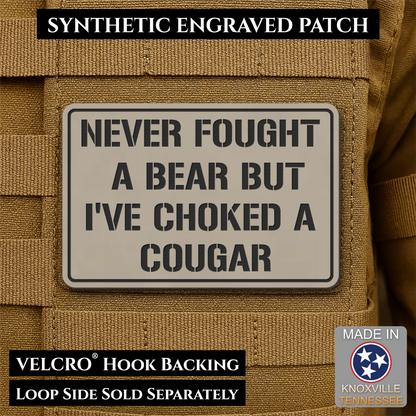 Front view of I’ve Choked A Cougar patch in sand (light tan)