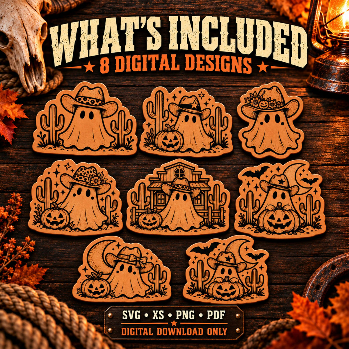 Cowboy Ghost SVG Bundle | 8 Western Halloween Laser Engraving Designs | Cowgirl Ghost Hat Patch Files | Digital Download