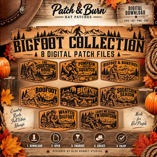 Bigfoot Hat Patch SVG Bundle | 8 Sasquatch Fall Halloween Laser Engraving Designs | Western Leatherette Patch Files | Patch & Burn