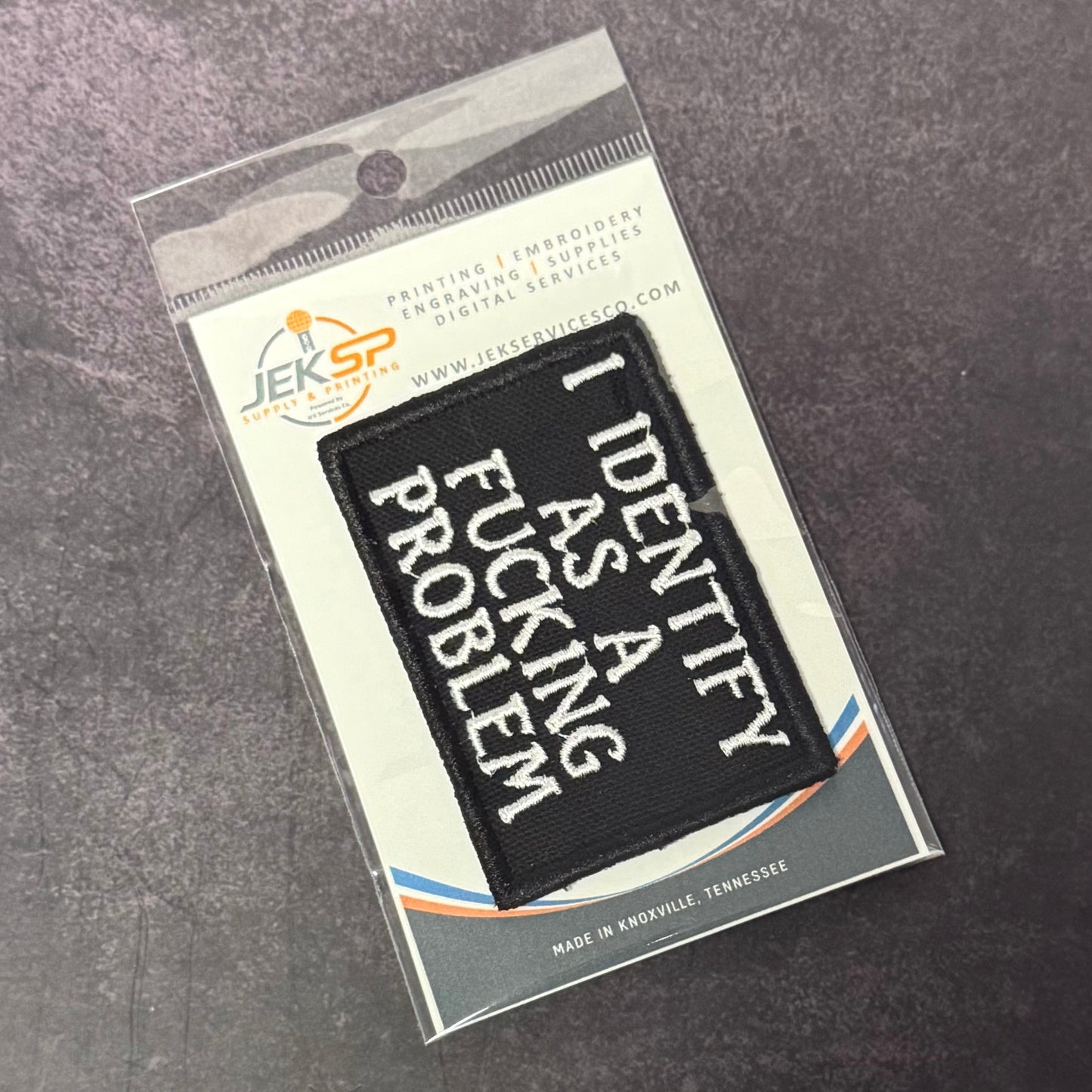 I Identify As The Problem Funny Morale Patch, 2x3" | Made in USA | VELCRO® Brand Hook Backing