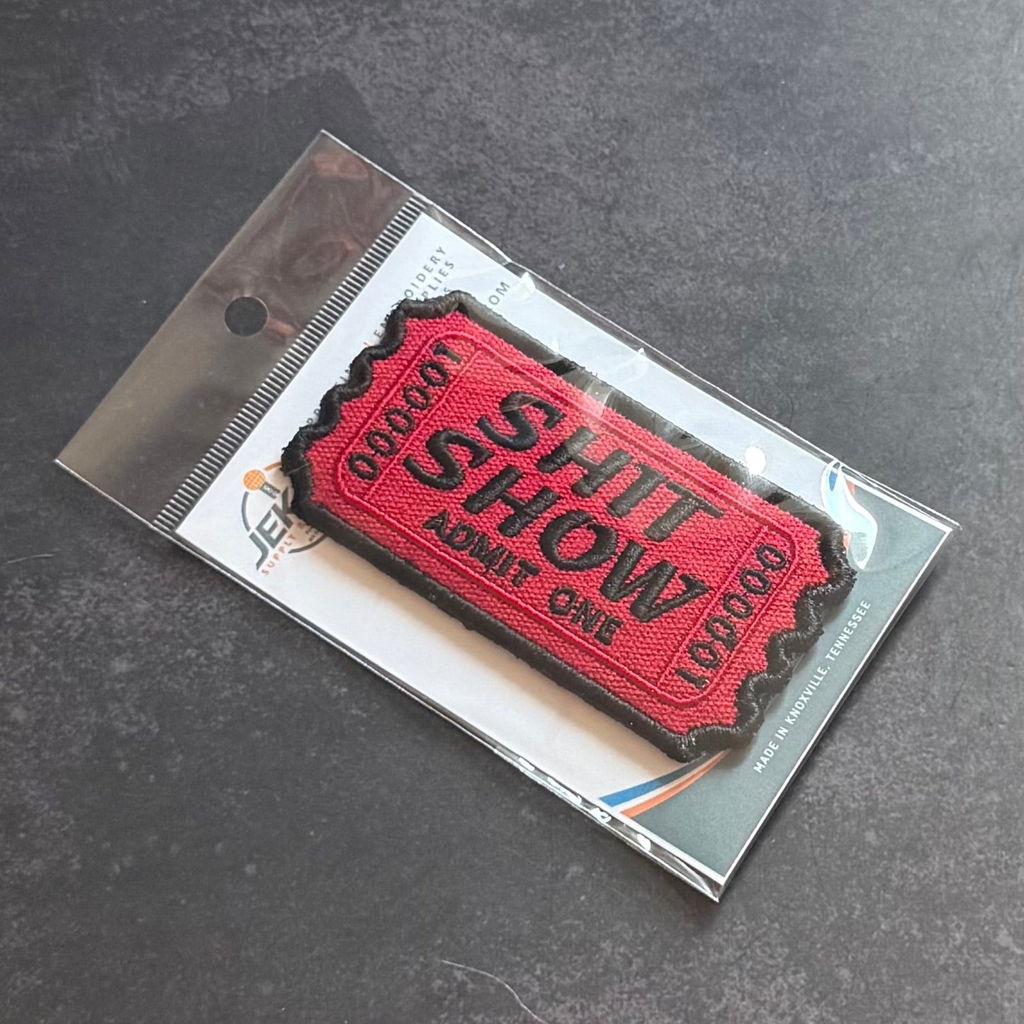 Shit Show Ticket Funny Morale Patch, 2.3x4" | Made in USA | VELCRO® Brand Hook Backing