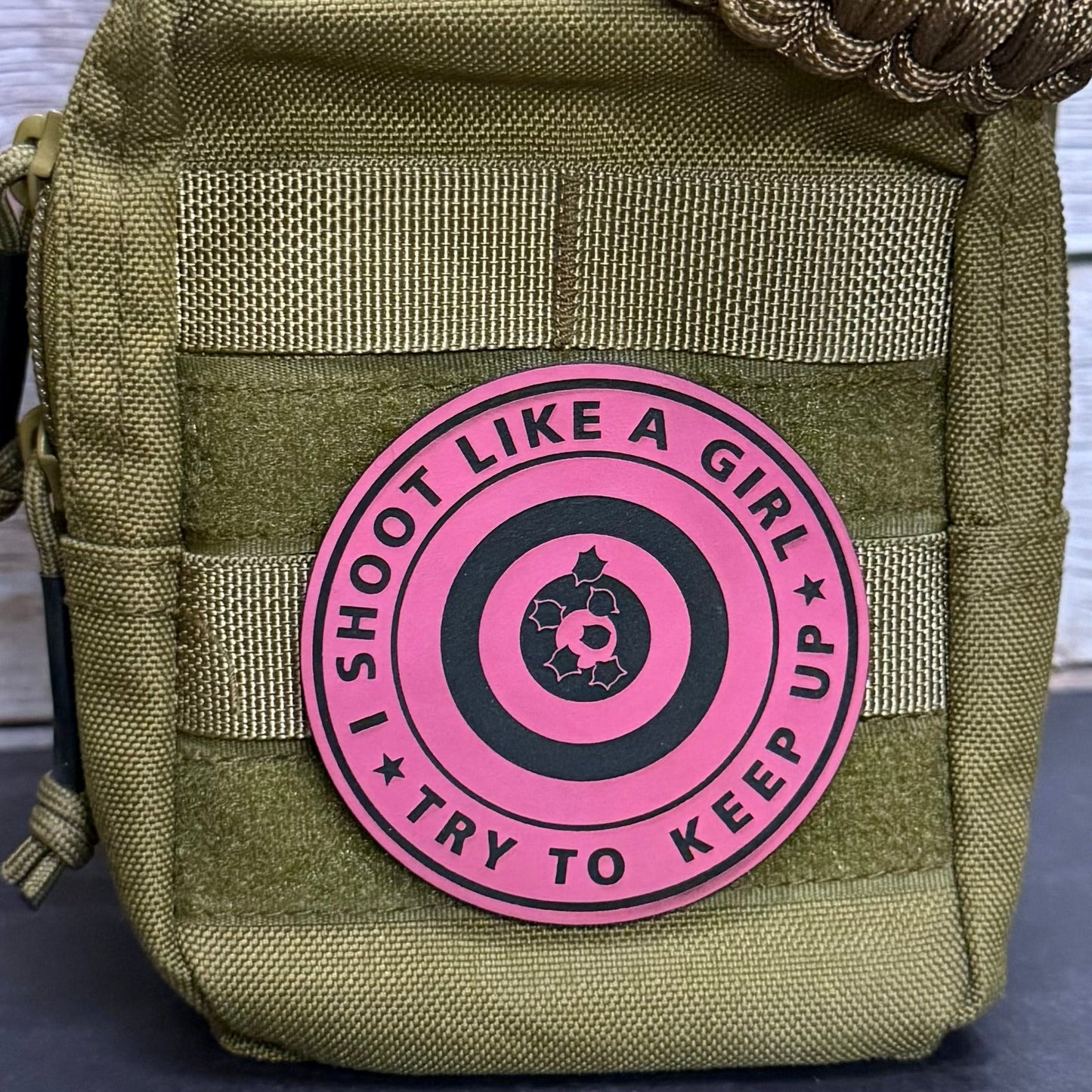 I Shoot Like A Girl Funny Morale Patch, 3" Round | Made in USA | VELCRO® Brand Hook Backing