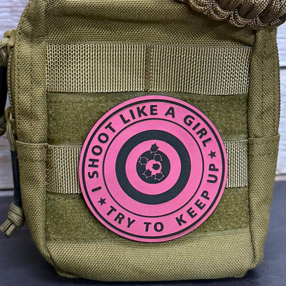 I Shoot Like A Girl Funny Morale Patch, 3" Round | Made in USA | VELCRO® Brand Hook Backing