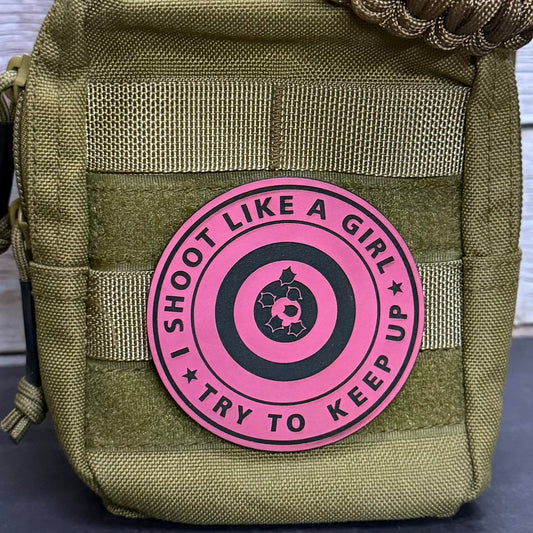 I Shoot Like A Girl Funny Morale Patch, 3" Round | Made in USA | VELCRO® Brand Hook Backing