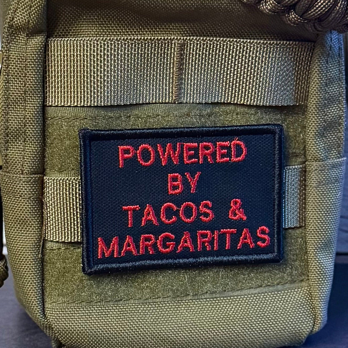 Powered By Tacos & Margaritas Funny Morale Patch, 2x3" | Made in USA | VELCRO® Brand Hook Backing