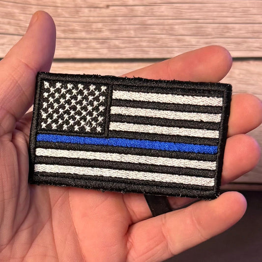 Thin Blue Line American Flag Embroidered Patch, 2x3.5" | VELCRO® Brand Hook Backing