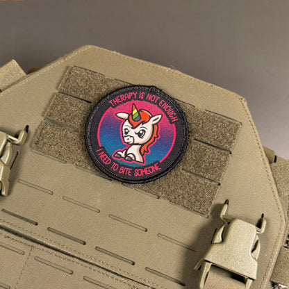 Therapy Unicorn Funny Morale Patch, 3" Round | Made in USA | VELCRO® Brand Hook Backing