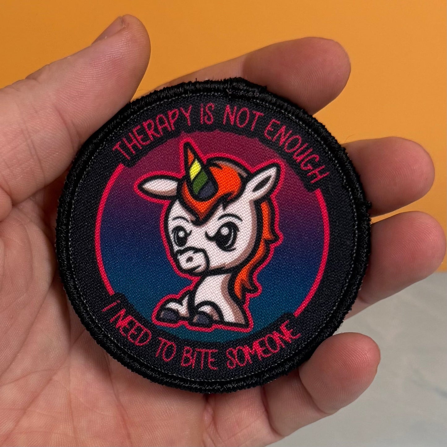 Therapy Unicorn Funny Morale Patch, 3" Round | Made in USA | VELCRO® Brand Hook Backing