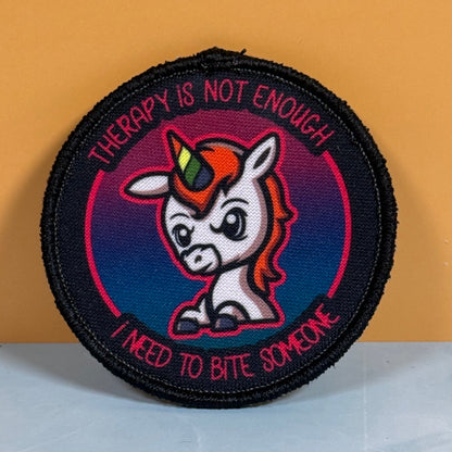Therapy Unicorn Funny Morale Patch, 3" Round | Made in USA | VELCRO® Brand Hook Backing