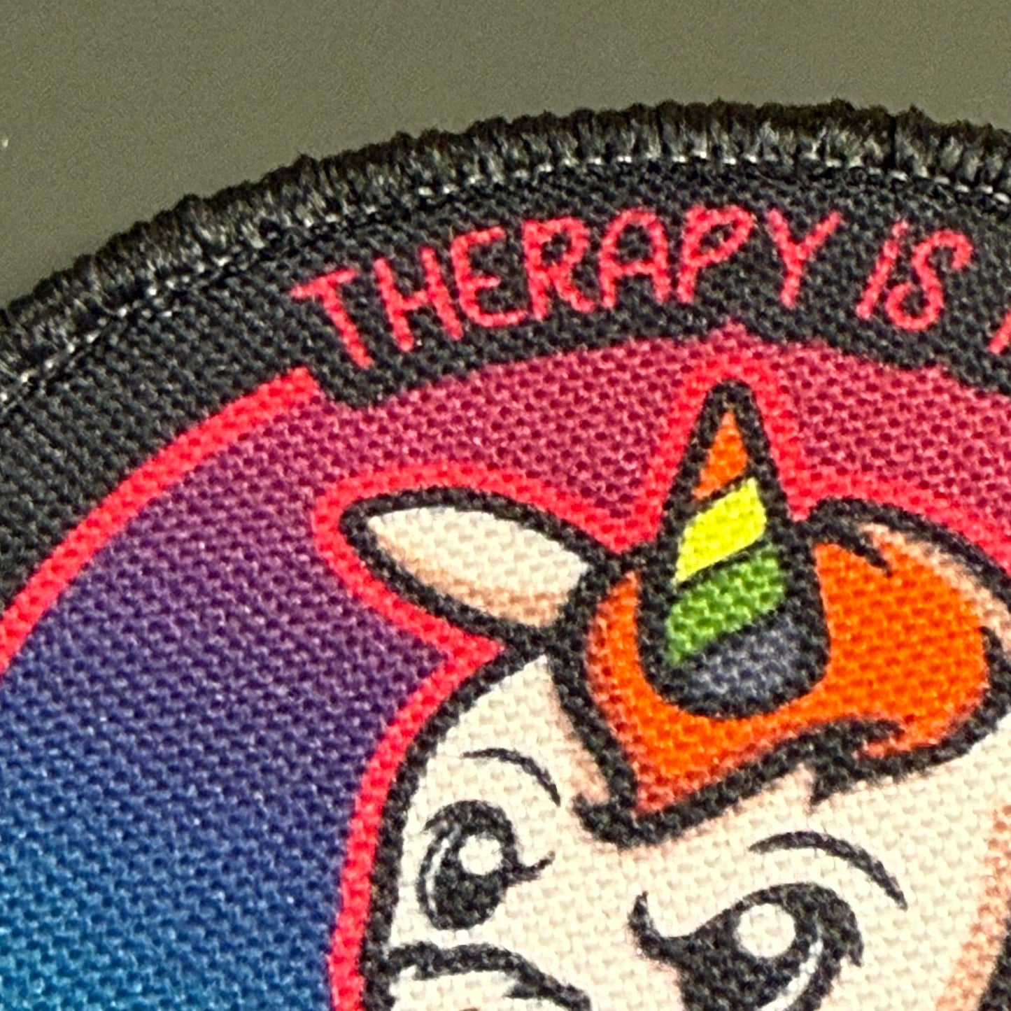 Therapy Unicorn Funny Morale Patch, 3" Round | Made in USA | VELCRO® Brand Hook Backing