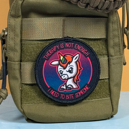 Therapy Unicorn Funny Morale Patch, 3" Round | Made in USA | VELCRO® Brand Hook Backing