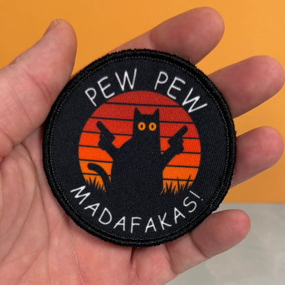 Pew Pew Madafakas Funny Cat Printed Morale Patch, 3" Round | VELCRO® Brand Hook Backing