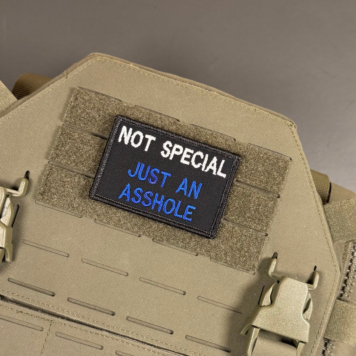Not Special, Just An Asshole patch in black with white and blue lettering, mounted on a tan plate carrier