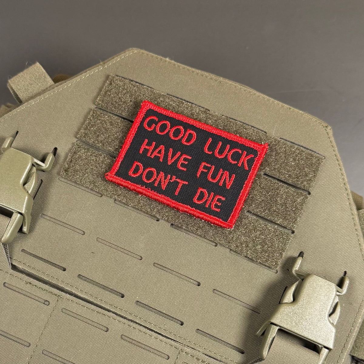 Good Luck, Have Fun, Don't Die Funny Morale Patch, 2x3" | Made in USA | VELCRO® Brand Hook Backing