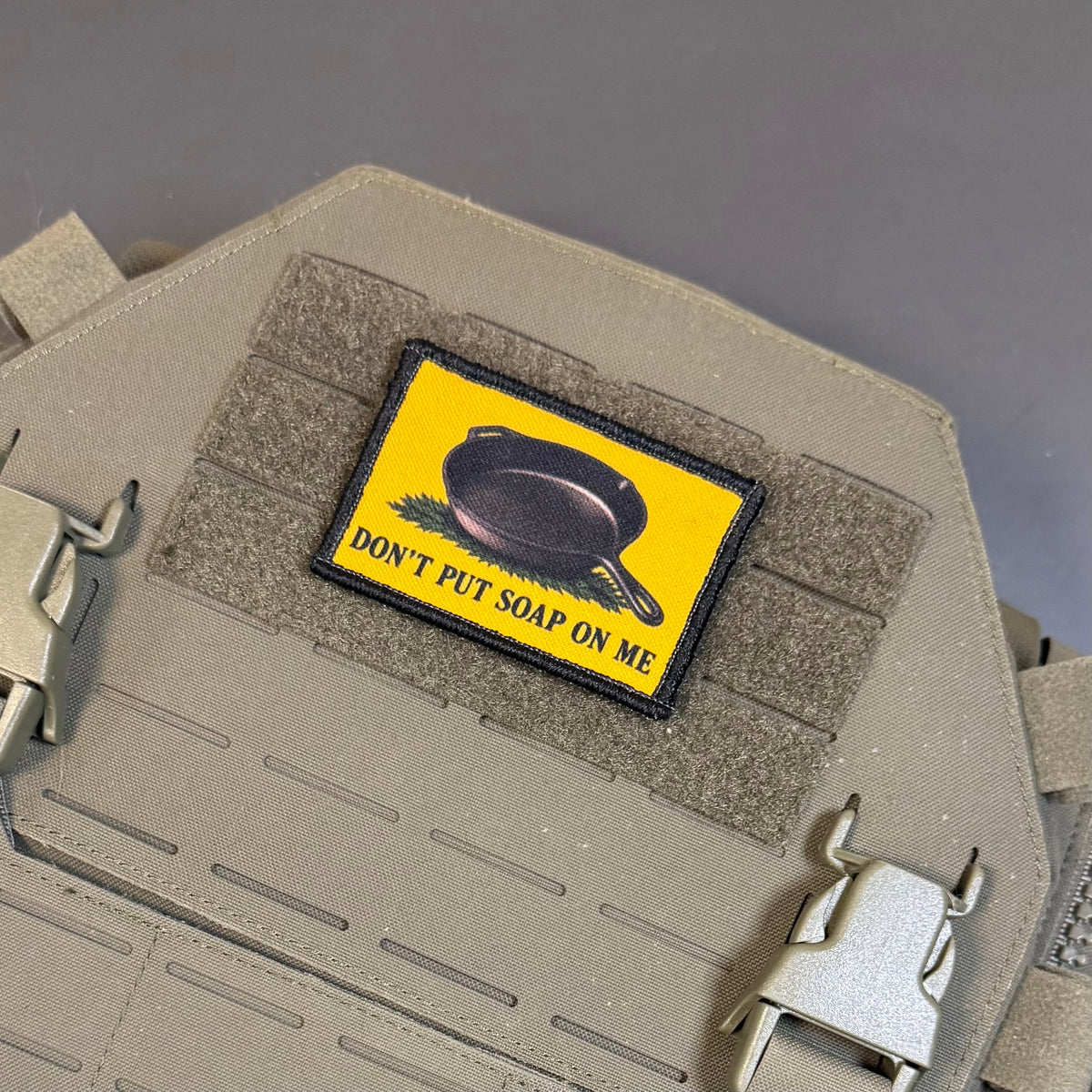 Iron Skillet Gadsden, Don't Put Soap On Me Funny Morale Patch, 2x3" | Made in USA | VELCRO® Brand Hook Backing