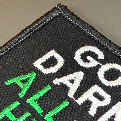 Gosh Darnit All To Heck, Polite Swearing patch in black with white and green lettering, close-up of embroidery