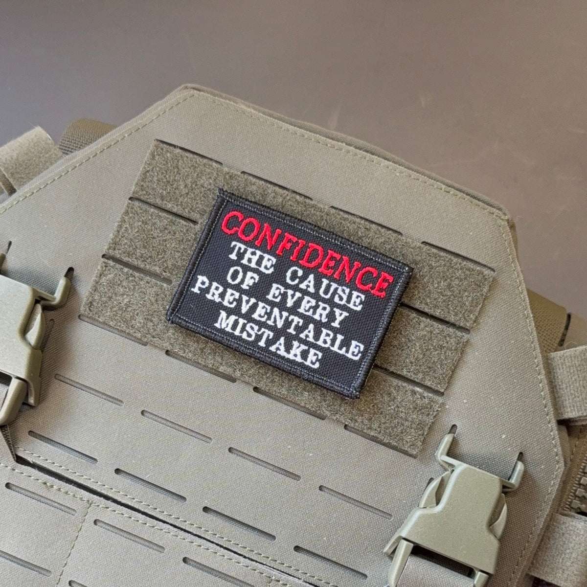 Confidence Causes Mistakes Funny Morale Patch, 2x3" | Made in USA | VELCRO® Brand Hook Backing
