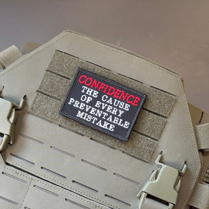 Confidence Causes Mistakes Funny Morale Patch, 2x3" | Made in USA | VELCRO® Brand Hook Backing