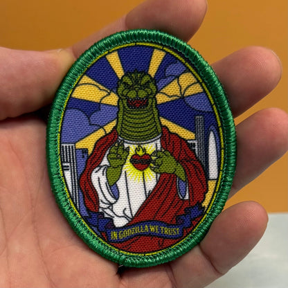 Saint Zilla, In Godzilla We Trust Funny Morale Patch, 2.5x3" | Made in USA | VELCRO® Brand Hook Backing