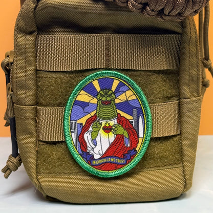 Saint Zilla, In Godzilla We Trust Funny Morale Patch, 2.5x3" | Made in USA | VELCRO® Brand Hook Backing