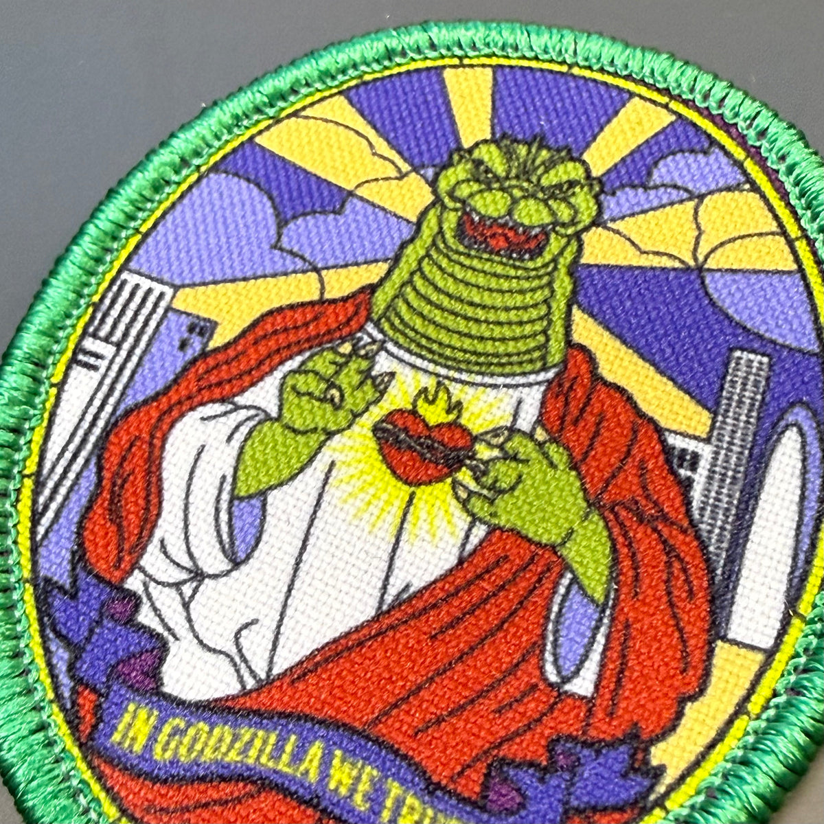 Saint Zilla, In Godzilla We Trust Funny Morale Patch, 2.5x3" | Made in USA | VELCRO® Brand Hook Backing
