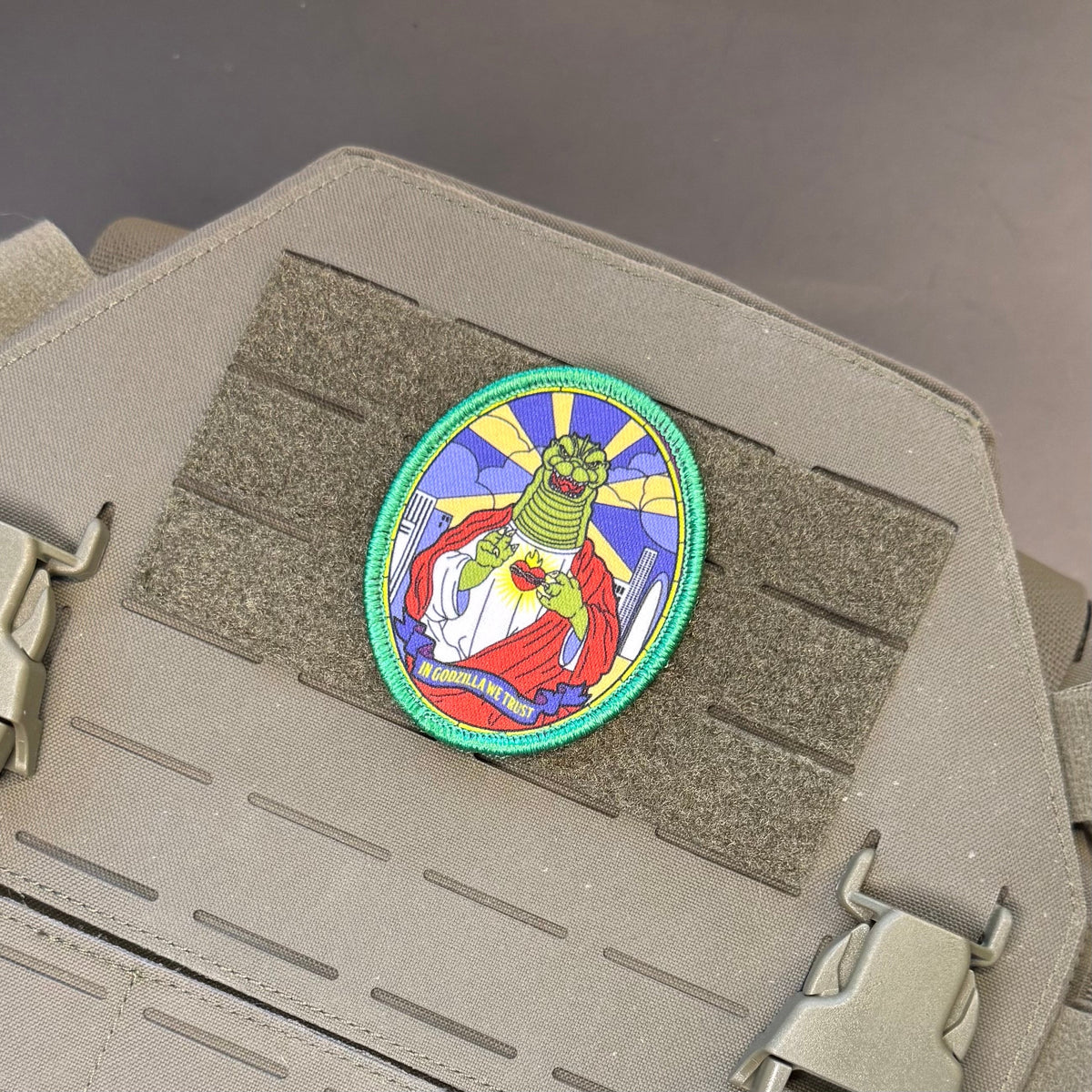 Saint Zilla, In Godzilla We Trust Funny Morale Patch, 2.5x3" | Made in USA | VELCRO® Brand Hook Backing