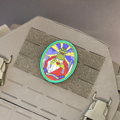 Saint Zilla, In Godzilla We Trust Funny Morale Patch, 2.5x3" | Made in USA | VELCRO® Brand Hook Backing